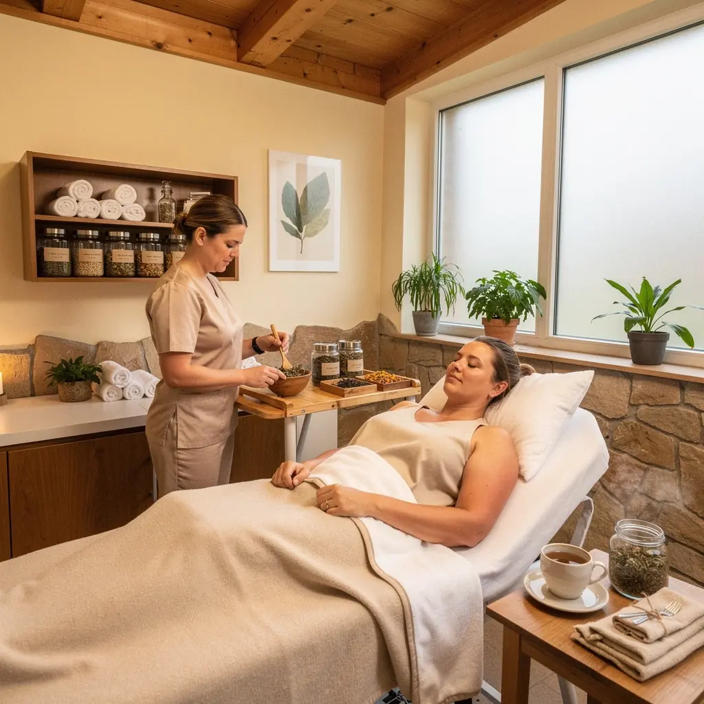 Kolekcia rôznych bylinných čajov v sklenenej nádobe s prírodnými ingredienciami okolo.