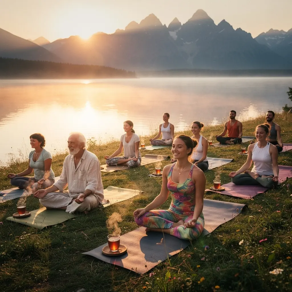 Zátišie s knihou, šálkou čaju a kyticou levandule na stoloch v útulnom interiéri.