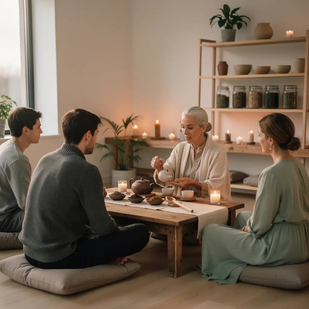 Ručne zbierané bylinky usporiadané na látkovom pozadí, symbolizujúce harmóniu a pokoj.